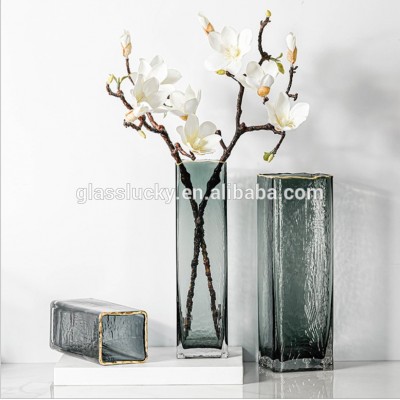 Nordic tall glass vase square,mouth blown glass vase flower with golden rim mouth