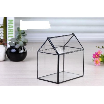 Factory Promotion Copper Edge Black Glass House Terrarium With Cover Geometric Glass