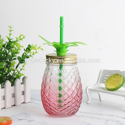 Wholesale gradual colored 16 oz pineapple shaped mason jar with lids glass and mason jar wide mouth glass with straw