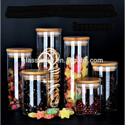 Various different sizes glass jars bottles, bamboo glass jars with wooden lid